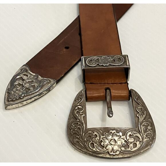 Silpada Brown Leather Belt Sz M Silver Tone Buckle Vintage Western Bling Italian - Picture 3 of 5